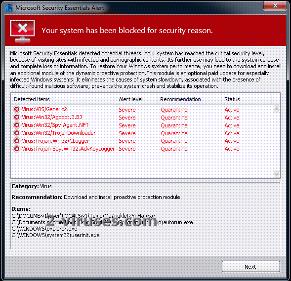 Microsoft Security Essentials Alert virus